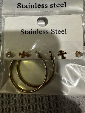 Gold Stainless Steel Hoop and Stud Earring Set